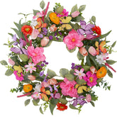 VGIA 20-inch spring wreath on front door with vibrant tulips welcoming guests