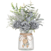 VIERENA faux flowers with vase displaying roses and eucalyptus in grey blue for cozy farmhouse decor