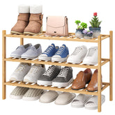 Viewcare 3-tier free-standing bamboo shoe rack in entryway for organized footwear.