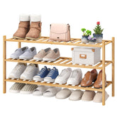 Viewcare 3-tier long shoe rack assembly showing sturdy bamboo shelves.