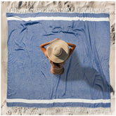 Vikumond blue oversized Turkish beach towel blanket, sandproof and quick-drying for beach days.