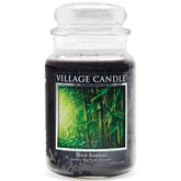 Village Candle Black Bamboo jar front view enhances living room ambiance with a sophisticated black glass finish