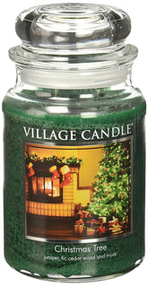 Village Candle Christmas Tree 26oz jar; juniper and balsam fragrance for a cozy living room ambiance.