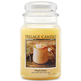 Village Candle Maple Butter apothecary jar label close-up with premium maple-vanilla aroma