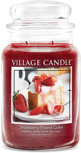 Village Candle Strawberry Pound Cake jar close-up with rich fragrance