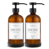 Vine Creations amber glass soap dispensers set for kitchen and bath, organized and elegant.