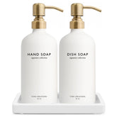 Vine Creations glass soap dispenser set on ceramic tray keeps your counter tidy.