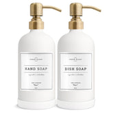 Vine Creations white glass soap dispenser with stainless steel pump, close-up on kitchen use