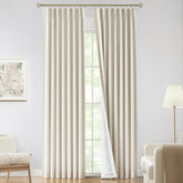 Vision Home natural pinch pleated curtains closeup showing linen texture and blackout lining.
