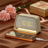 Vivilumens wooden alarm clock close-up with wood finish and clear night display for easy night-time reading