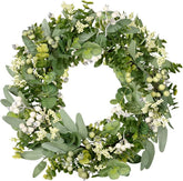 Vlorart artificial greenery wreath front door setup with lifelike eucalyptus and boxwood.