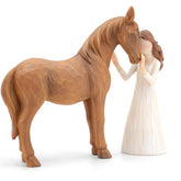 Vofstand girl embraces horse figurine in hand-painted resin for horse lovers.