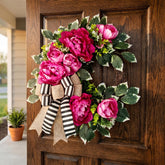 Vofuly front door wreath with hot pink peonies and a farmhouse bow boosts curb appeal.