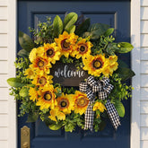 Vofuly sunflower wreath with wooden Welcome sign, ideal entryway decor.