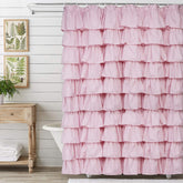 Volens pink-ruffle-shower-curtain full view brightens the bathroom.