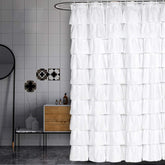 Volens white ruffle shower curtain overview showing privacy and style
