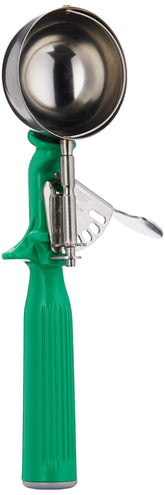 Vollrath disher with green handle for precise portioning and easy size selection