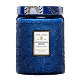 VoluspaMediterranean Lemon candle jar embossed closeup enhances living room ambiance