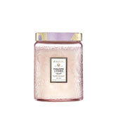 Voluspa Panjore Lychee 18 oz candle jar front view delivering bright citrus ambiance.