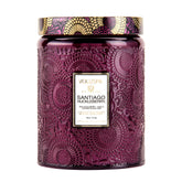 Voluspa Santiago Huckleberry jar candle close-up showing coconut wax for clean, even burn
