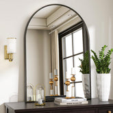 VooBang arched wall mirror front view with black frame enhances bathroom light