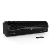 Vornado TRANSOM window fan with remote control for quick adjustments.