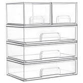 Vtopmart clear stackable drawers shown on vanity for quick makeup access.