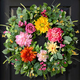 Waipfaru spring wreath close-up of dahlias and peonies for curb appeal.