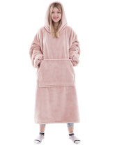 Waitu wearable blanket hoodie pink front view highlights oversized warmth for lounging.