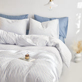 Wake In Cloud striped cotton duvet close-up shows soft texture and breathable fabric.