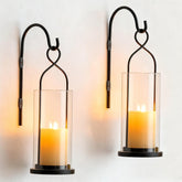 Walasis wall candle holder set with black metal frame and hurricane lanterns for ambient wall decor