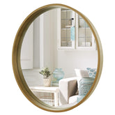 WallBeyond round mirror with wood frame offers a clear 28-inch reflection for living spaces
