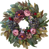 WANNA-CUL 24in wreath on front door shows pink peony for curb appeal