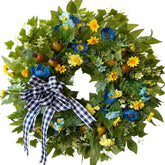 WANNA-CUL 24 inch wreath with blue poppies and yellow daisies enhances front door curb appeal