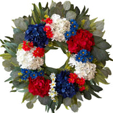 WANNA-CUL patriotic wreath front door display with red white blue hydrangea for curb appeal.