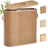 WAOHANAZ bamboo toilet paper basket with lid and handle keeps rolls organized and dry.