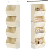 Wawocs hanging closet organizer with four shelves keeps clothes neatly organized.