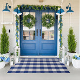 WAYYE buffalo plaid outdoor rug in blue and white for front porch; durable entryway decor.