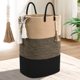 WENMER woven laundry basket with wooden bead tassel for chic nursery storage.