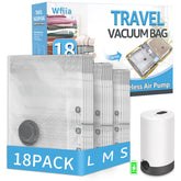 Wfiia 18 pack vacuum bags with travel pump laid out for packing efficiency