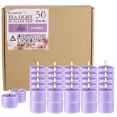 Wfmolcand lavender tealight in clear cup creating calming ambiance.