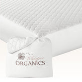 Whisper Organics organic mattress pad shows 100% cotton for cooling, breathable comfort.