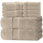White Classic luxury bath towels set displayed with 27x54 towels in taupe for spa-like daily use