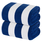 White Classic stripe cabana towel with mild navy stripe, fast-drying beach companion.