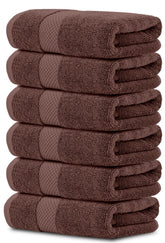 White Classic luxury brown hand towels 16x30 set six, plush and absorbent for bath time.