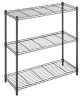 Whitmor 3-tier shelving unit assembled, front view shows sturdy metal frame for durable storage.