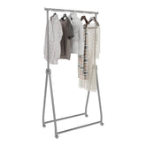 Whitmor foldable garment rack with height-adjustable top rod for versatile hanging space.