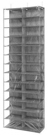Whitmor over-the-door shoe organizer with crosshatch gray keeps shoes visible and accessible.