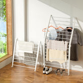 Whitmor Spacemaker rack leaning against a wall for space-saving laundry setup.