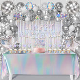 WHYMEO iridescent Happy Birthday banner shines under party lights, creating a festive focal point.